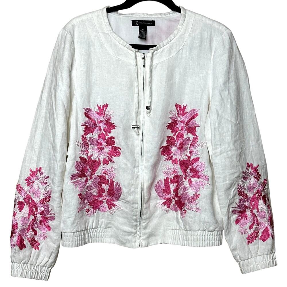 INC International Concepts WhitePink Floral Embroidered 100% Linen Jacket Medium